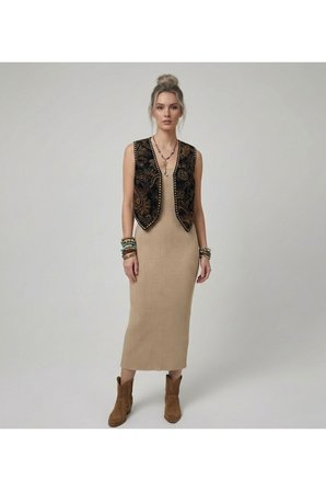 Premium Fit Kare Yaka Fitilli Triko Midi Elbise