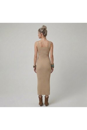 Premium Fit Kare Yaka Fitilli Triko Midi Elbise