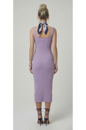 Premium Fit Kare Yaka Fitilli Triko Midi Elbise