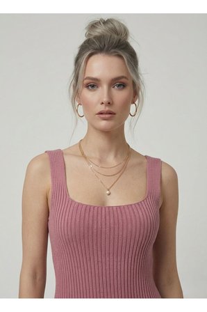 Premium Fit Kare Yaka Fitilli Triko Midi Elbise