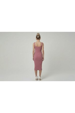 Premium Fit Kare Yaka Fitilli Triko Midi Elbise