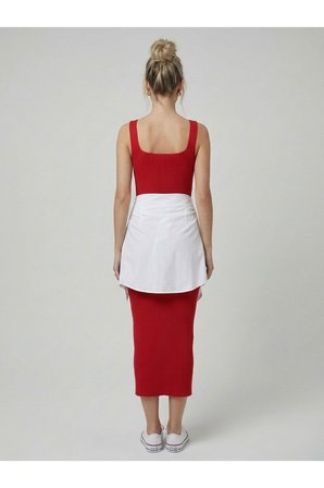 Premium Fit Kare Yaka Fitilli Triko Midi Elbise