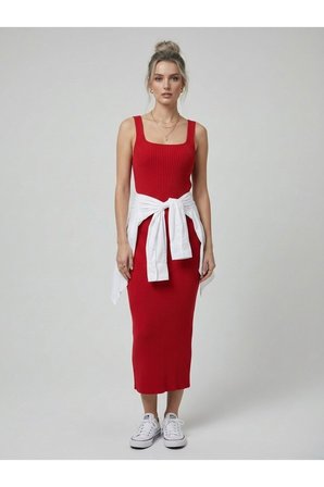 Premium Fit Kare Yaka Fitilli Triko Midi Elbise