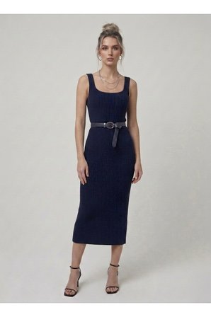 Premium Fit Kare Yaka Fitilli Triko Midi Elbise