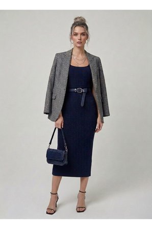 Premium Fit Kare Yaka Fitilli Triko Midi Elbise