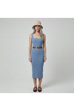 Premium Fit Kare Yaka Fitilli Triko Midi Elbise