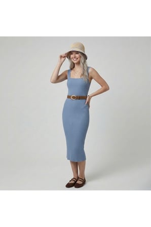 Premium Fit Kare Yaka Fitilli Triko Midi Elbise