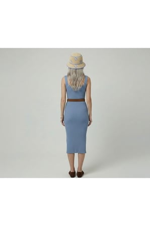 Premium Fit Kare Yaka Fitilli Triko Midi Elbise