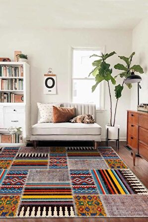 Nefie Patchwork Desenli Pamuk Tabanlı Yıkanabilen Kaydırmaz Antibakteriyel Salon Halısı