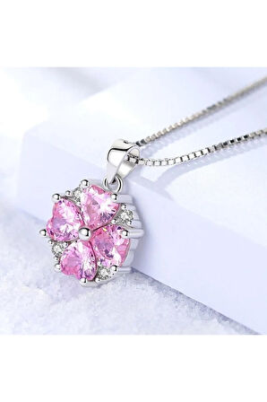 925 Ayar Gümüş Retro Pembe Kristal Kolye