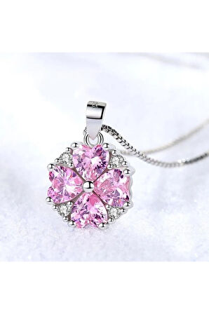 925 Ayar Gümüş Retro Pembe Kristal Kolye