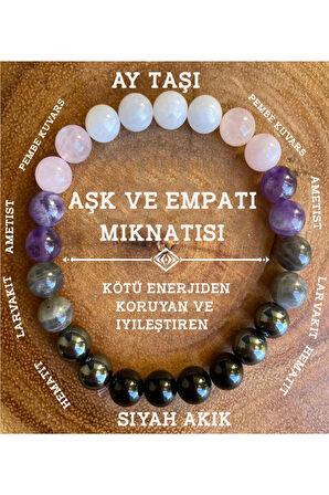 Aşk Mıknatısı Bileklik Ametist, Akik, Pembe Kuvars, Larvakit , Hematit , Ay Taşı