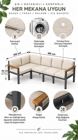NEOKAS Balkon L Koltuk 5 Kişilik Köşe Takımı, Metal Bahçe Mobilyası, Balkon Oturma Grubu