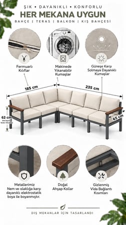 NEOKAS Balkon L Koltuk 6 Kişilik Köşe Takımı, Metal Bahçe Mobilyası, Balkon Oturma Grubu