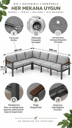 NEOKAS Bahçe Mobilyası 6 Kişilik L Koltuk Köşe Takımı Balkon Oturma Grubu