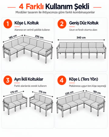 NEOKAS Bahçe Mobilyası 6 Kişilik L Koltuk Köşe Takımı Balkon Oturma Grubu