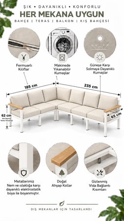 6 Kişilik Balkon Köşe Takımı L Koltuk Bahçe Mobilyası Dış Mekan Oturma Grubu