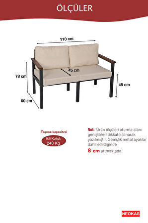 NEOKAS Balkon Mobilyası, Metal Oturma Grubu, Balkon Seti, Kafe Koltuğu, Teras Takımı, 1 İkili Koltuk