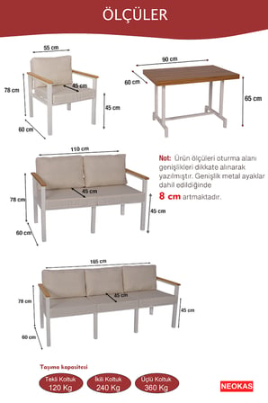 NEOKAS  Bahçe Seti, 1+2+Masa, Küçük Balkon Mobilyası, Masasız Balkon Seti