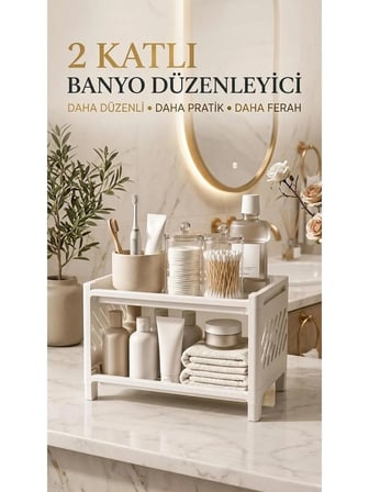 NestAura 2 Katlı Düzenleyici Organizer – Mutfak, Banyo, Makyaj ve Çok Amaçlı Saklama Standı 23X15 cm