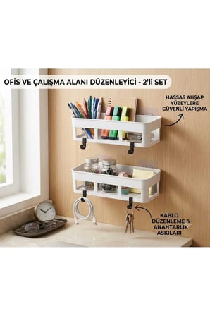 2 Adet Yapışkanlı Plastik Raf, Delme Vida Gerektirmeyen Banyo Duş Şampuan Mutfak Baharat Rafı