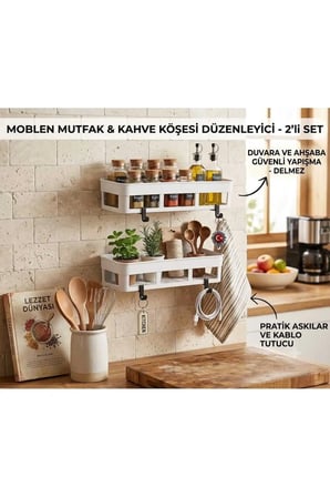 2 Adet Yapışkanlı Plastik Raf, Delme Vida Gerektirmeyen Banyo Duş Şampuan Mutfak Baharat Rafı
