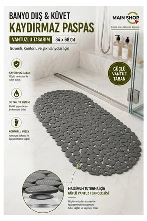 Vantuzlu Banyo ve Duş Kaydırmaz Paspası 34 cm x 68 cm Antrasit Renk
