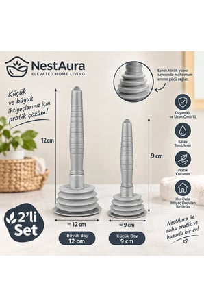 2'li Körüklü Vantuz Pompa Seti, Büyük + Küçük Mutfak Banyo Lavabo Küvet Gider Açıcı El Pompası Gri/Siyah