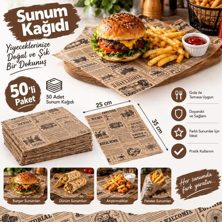 NestAura 50 Adet Desenli Kraf Özel Sunum Kağıdı Vintage Gazete Desenli Sunumluk