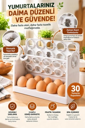 NestAura 30 Bölmeli Yaylı 3 Katlı Raf Yumurtalık Saklama Kutusu Buzdolabı Yan Kapı Organizer