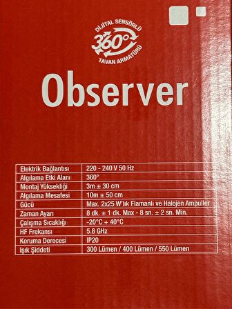 Netelsan Observer 360 Derece Sensörlü Tavan Armatürü + 2 Adet Panasonic 10.5W Beyaz Hediye