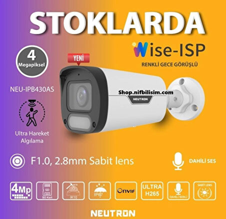 Neutron NEU-IPB430AS 4mp 2.8mm Sabit Lens  Dahili Sesli Gece Renkli COLORHUNTER Wise-ISP Onvif H.265+ IR Bullet IP Kamera
