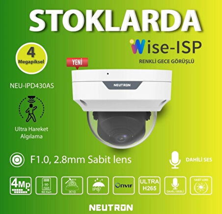 Neutron NEU-IPD430AS 4mp 2.8mm Sabit Lens Dahili Sesli Gece Renkli COLORHUNTER Wise-ISP Onvif H.265+ IP Dome Kamera
