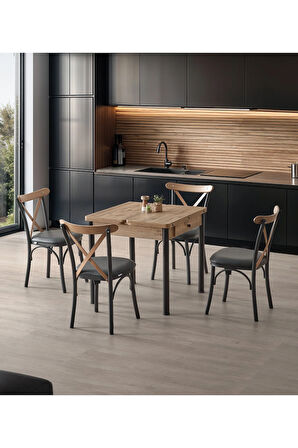 NEVA 20 Masa Takımı – Açılır Kapanır Masa. 4 Sandalyeli. Atlantik/Siyah. Ceviz Ahşap Detaylı