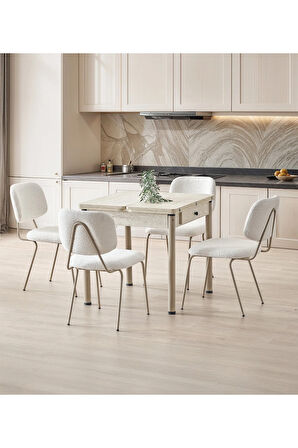 Neva 89 Açılır Masa Takımı – Traverten Desen. 4 Sandalyeli. Krem Kumaş. Kapuçino Metal Ayak