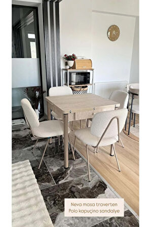 Neva 89 Açılır Masa Takımı – Traverten Desen. 4 Sandalyeli. Krem Kumaş. Kapuçino Metal Ayak