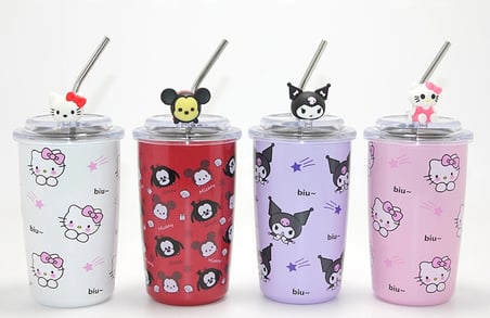 Nevamel® Sanrio Hello Kitty Ve Kuromi Figürlü Isı Muhafazalı Metal Pipetli Çelik Kupa
