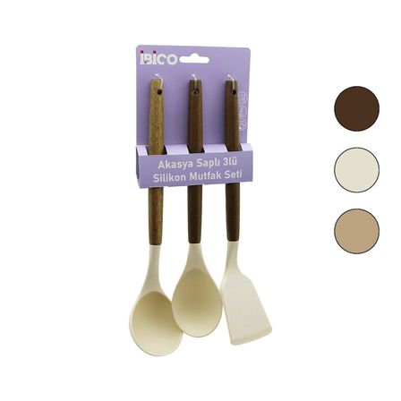 Nevamel® 3'lü Silikon Mutfak Seti - Ahşap Akasya Saplı - Renkli Silikon Uç