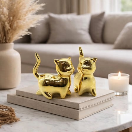 Nevamel® Kuyruklu Kedi Tasarımlı Biblo - Orta Boy - Seramik - Parlak Altın