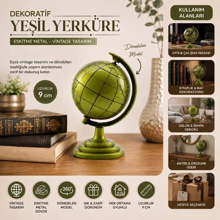 Nevamel® Yeşil Eskitme Dünya Biblosu - Metal - Küçük Boy - Dekoratif Süs Eşyası