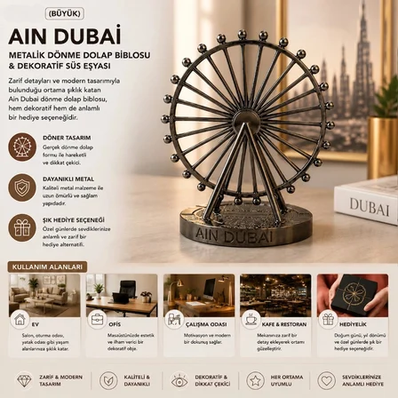 Nevamel® Büyük Boy Metalik Dönme Dolap Biblosu - Ain Dubai Figürü - Krom ve Bakır - Dekoratif Tasarım
