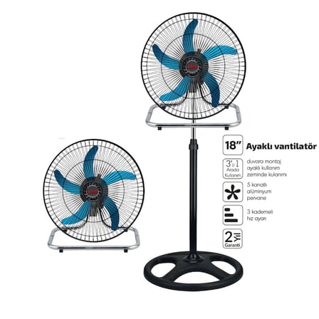 Nevamel® Sanayi Tipi Ayaklı Vantilatör - 5 Metal Kanatlı - 18 İnç 46 cm