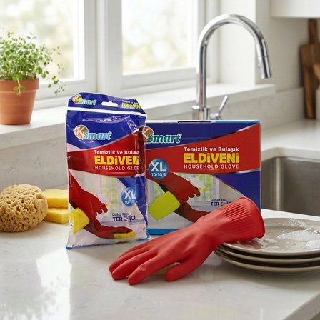 Nevamel® XL Beden Temizlik ve Bulaşık Eldiveni - Doğal Pamuk Astarlı - Plastik