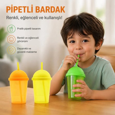 Nevamel® Pipetli Bardak - 450 ml - Şeffaf Renkli - Plastik