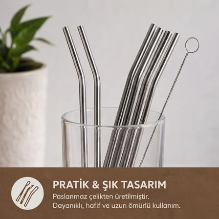 Nevamel® 6'lı Kaşıklı Pipet Seti - Metal - Pipet Temizleme Fırçası