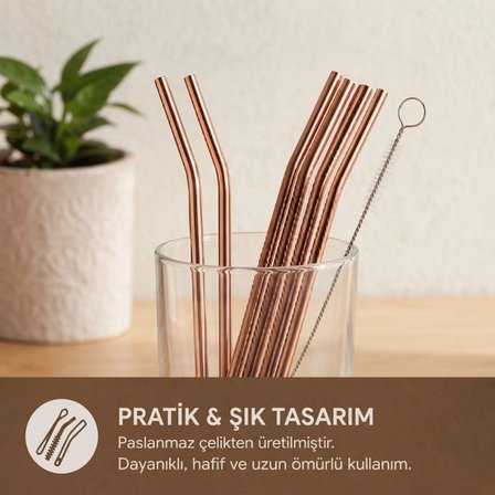 Nevamel® 6'lı Kaşıklı Pipet Seti - Bronz - Pipet Temizleme Fırçası