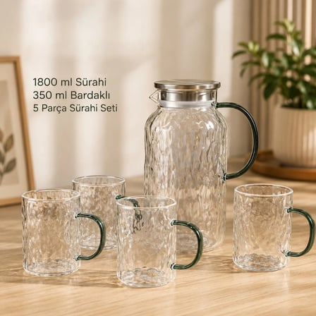 Nevamel® 5 Parça Bardaklı Sürahi Seti - Cam - 1800 ml Sürahi - 4 Bardak