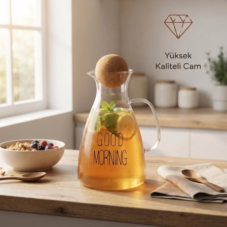 Nevamel® Yuvarlak Mantar Kapaklı Sürahi - 1500 ml - Yüksek Kaliteli Cam