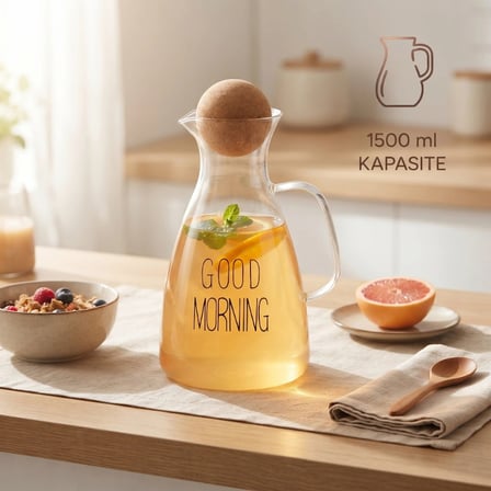 Nevamel® Yuvarlak Mantar Kapaklı Sürahi - 1500 ml - Yüksek Kaliteli Cam