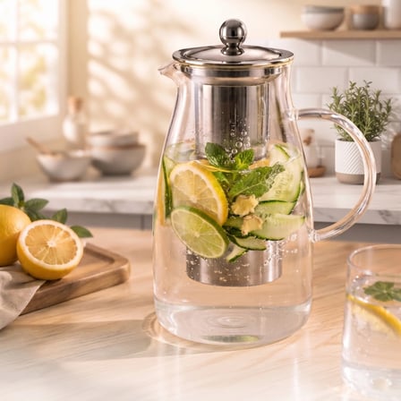 Nevamel® Detoks Sürahisi - 1500 ml - Paslanmaz Çelik Filtre - Cam